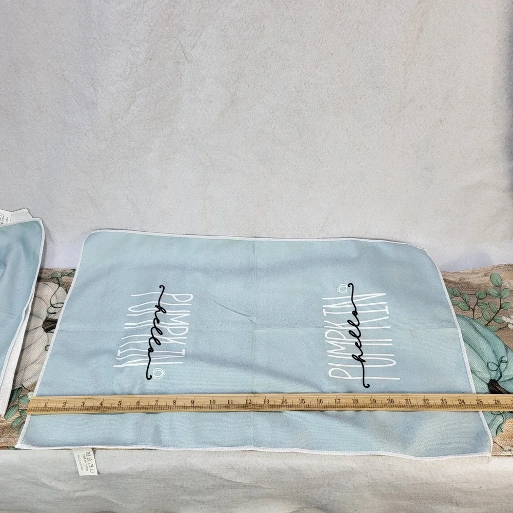 Pumpkin Kitchen Placemats Towel Set Table Runner Blue White Farmhouse Fall Decor